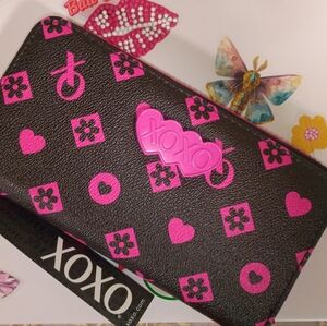 XOXO Black💗Hot Pink Wallet/Wristlet Heart Floral Icon Print Faux Leather VEGAN